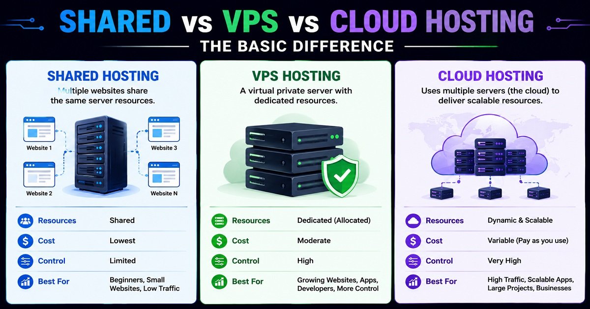 shared vs vps vs Cloud hosting difference shared vs vps vs Cloud hosting difference